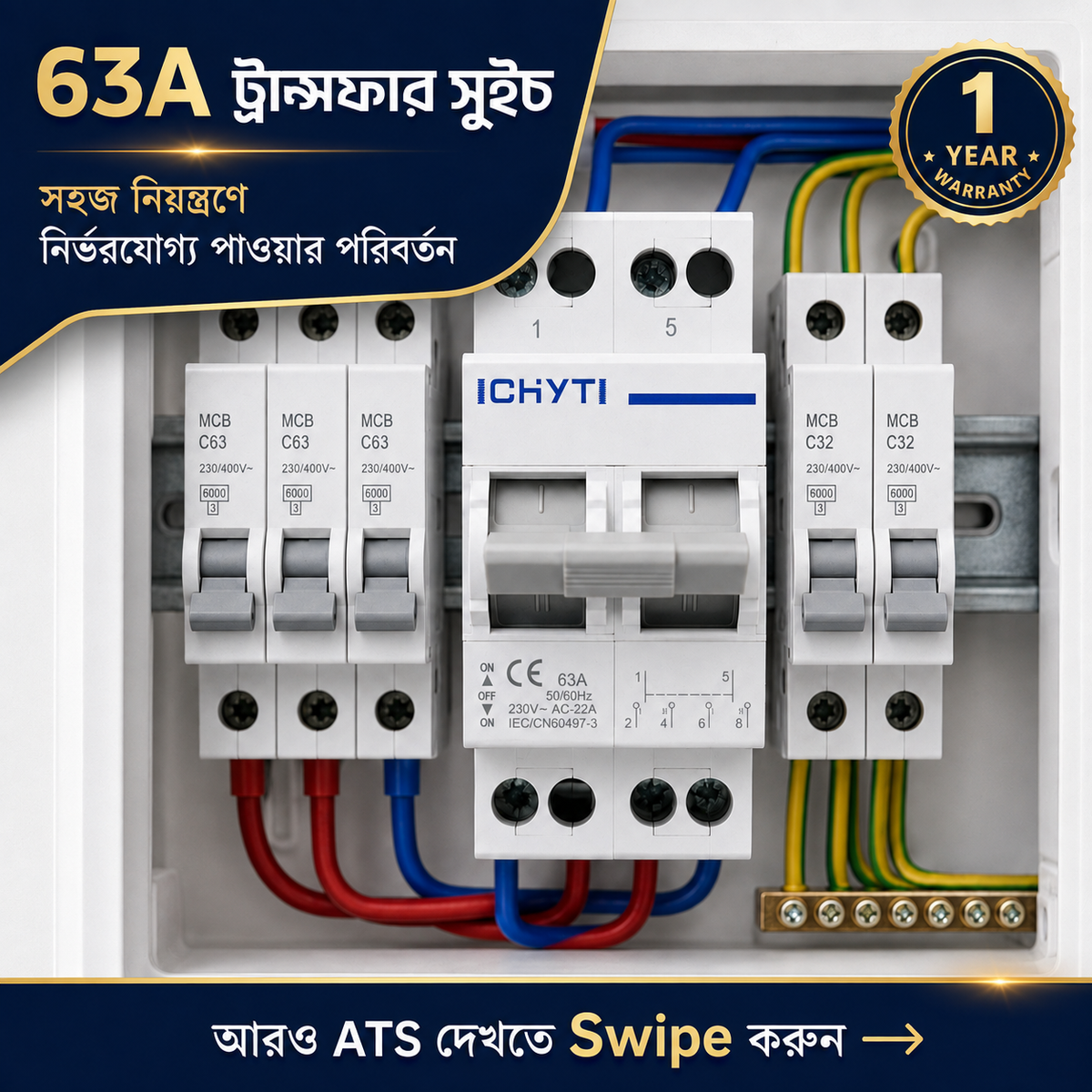 ২ পোল ৬৩ অ্যাম্পিয়ার ম্যানুয়াল চেঞ্জওভার সুইচ (MTS)