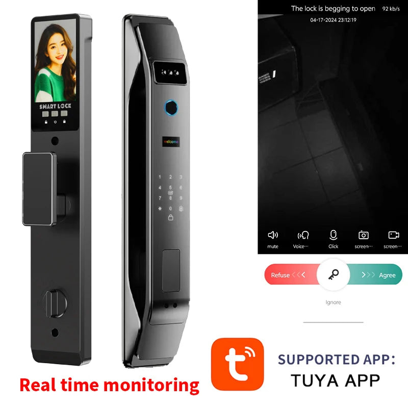 TUYA App 3D Facial Recognition WIFI Password Fingerprint Card Portable Visual Doorbell Monitoring Camera Electronic Door Lock