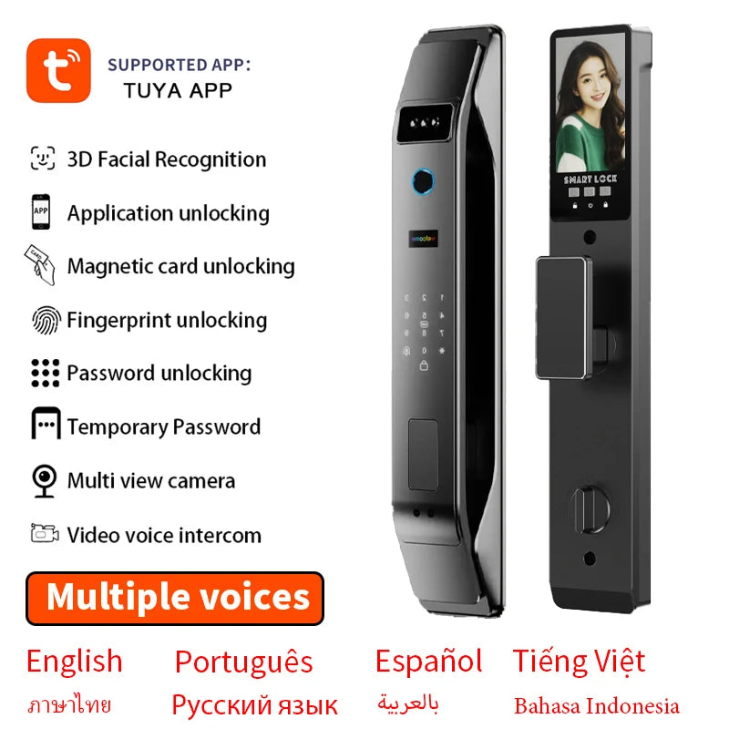 TUYA App 3D Facial Recognition WIFI Password Fingerprint Card Portable Visual Doorbell Monitoring Camera Electronic Door Lock