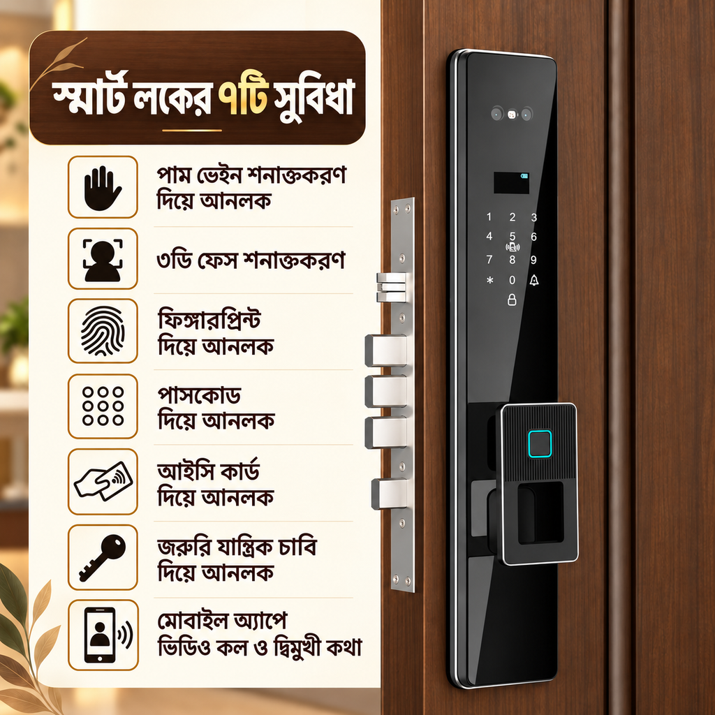 Wi‑Fi ফেস ও ফিঙ্গারপ্রিন্ট স্মার্ট ডোর লক